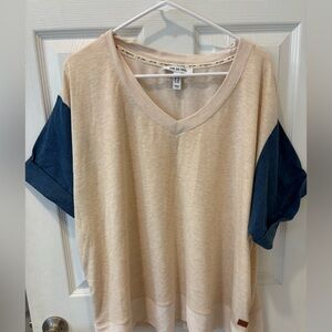 Cream and Blue V-Neck Oversized‎ T-Shirt